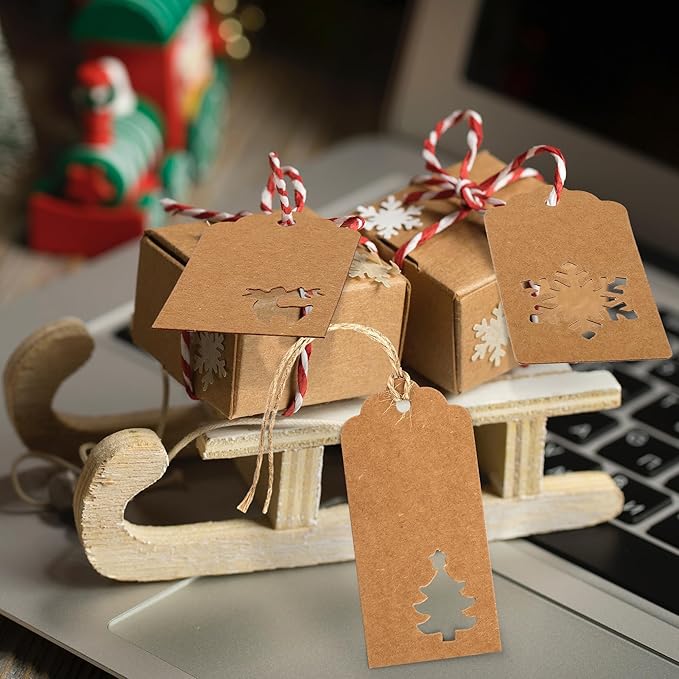 Aneco 150 Pieces Christmas Paper Gift Tags Brown Kraft Tags Hang Labels Christmas Tree Snowflake Reindeer Design with 30 Meters Jute Twine for Christmas DIY Wrapping Favor Holiday Present