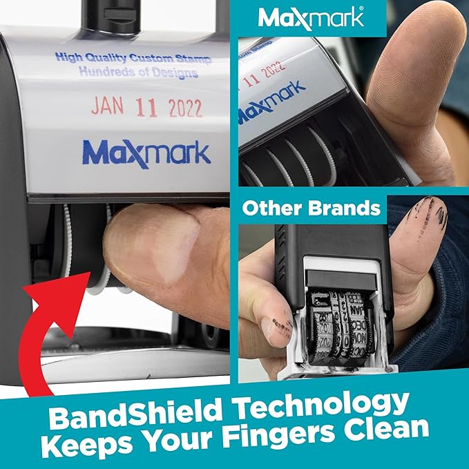 MaxMark Heavy Duty Self Inking Date Stamp with Phrase Scanned - 2 Color Blue/Red Ink