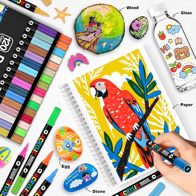 120 Colors Acrylic Paint Markers, Dual-Color Acrylic Paint Pens with 60 Brush Tips for Fabric Rock Wood Glass Paper DIY for Painting, Quick Drying, School Art Supplies for Adults Kids Drawing