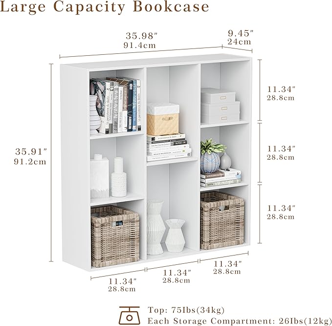 Wooden Cube Storage Organizer with Closed Back Panel, 11in Cube Shelf Opening, Bookshelf, Display Shelf,Closet Cabinet for Home and Office (Embossed White, 8-Cube 35.98L*9.45W*35.91H)
