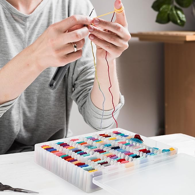 Embroidery Floss Organizer Box with 50 Cardboard Bobbins - 17 Compartments Clear embroidery thread organizer box, Snap-Tight Clear Sewing Organizer - Jewelry Bead Holder (Made in USA)