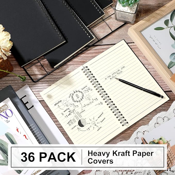 Yahenda 36 Pcs Spiral Notebook Bulk A5 Journal Lined 8.3'' x 5.5'' Writing Composition Paper Small Notepad Subject Notebook for Students Office Business Back to School Supplies (Black)