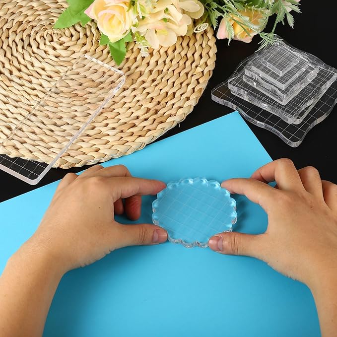 PATIKIL 3" x 3" Acrylic Stamp Block, Clear Stamping Block with Grid Lines Decorative Mounting Blocks Wave for Scrapbooking DIY Crafts Card Making