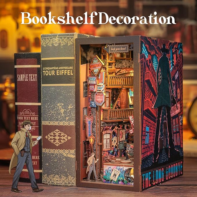 Cutefun Book Nook Kit - DIY Miniature Dollhouse Kit for Adults and Teens, Bookend Mini House Building Kit with LED, 3D Wooden Puzzle for Beginner Creative Gifts (The Long Goodbye)
