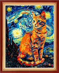 Foxdiviy Stamped Cross Stitch Kits for Beginners Full Range of Cross Stitching 11 CT Printed Cross Stitch Kits for Kids Adults Cross Stitch Patterns Needlepoint Kits-Van Gogh Starry Cat 16x20 inch