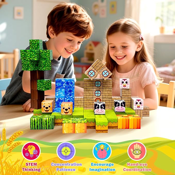 Magnetic Blocks Building Toys for Kids: Magnetic Blocks for Kids Ages 3-4, 8-12, 1" Magnet Cubes STEM Toys for Boys & Girls,Christmas Birthday Gifts for Toddler Ages 3+, 48PCS Blocks Farm Theme