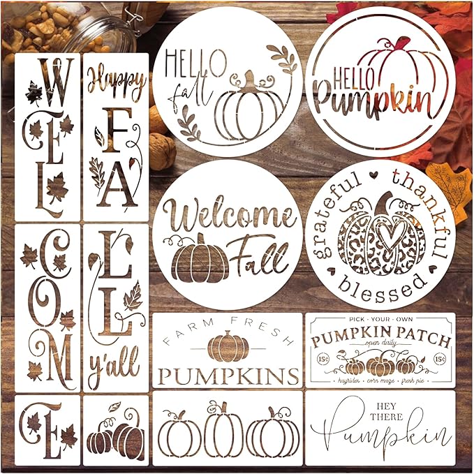 14 Pieces Fall Stencils for Painting on Wood Reusable Hello Pumpkin Stencil Plastic Hello Fall Drawing Templates for Wood Porch Sign Canvas Crafts (14 Porch Fall)