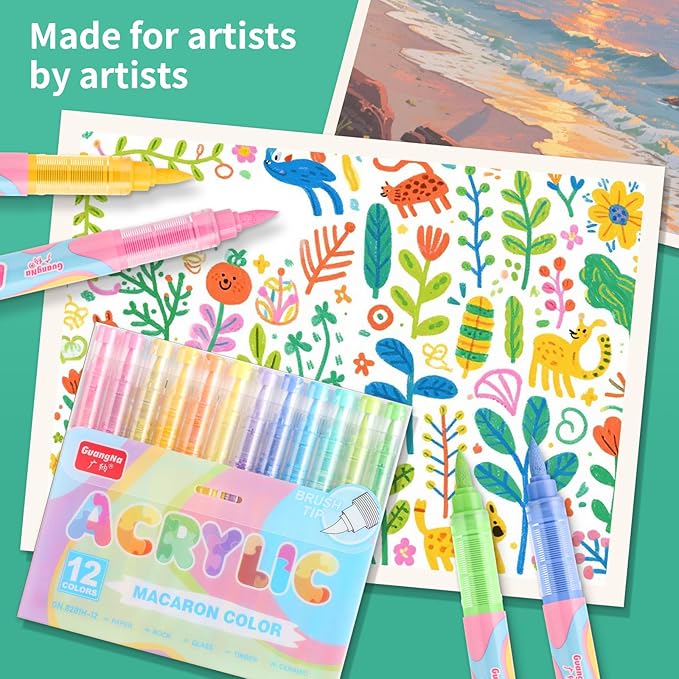 Guangna Acrylic Paint Markers 12 Colors, Skin Tone Series Set with Soft Brush Tip Water Based, Fine Tip Markers for Wood, Canvas, Rock Painting, Glass, Diy Crafts, Fabric Paint
