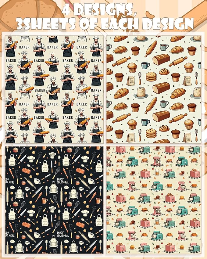 Pineraap 12 Sheets Baking Theme Wrapping Paper, Cute Baker Design Gift Wrap Paper with Croissant, Bread, Folded Flat Art Paper for Baking Lover, Baker, Birthday, DIY Crafts, 19.7 x 27.6 Inch