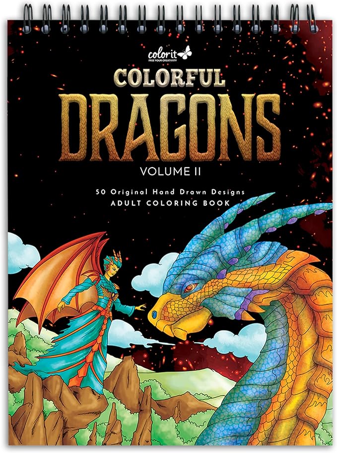 ColorIt Colorful Dragons Adult Coloring Book for Women, Volume II - 50 Single-Sided Designs, Thick Smooth Paper, Lay Flat Hardback Covers, Spiral Bound, Dragon Coloring Pages