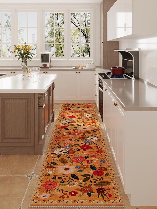 Rugcomf Runners for Hallways Kitchen Runner Rug Non Slip 2'x10' Long Washable Rugs with Rubber Backing Soft Floral Carpet Runner for Hallways, Kitchen, Laundry, Bedroom, Bathroom(Yellow)