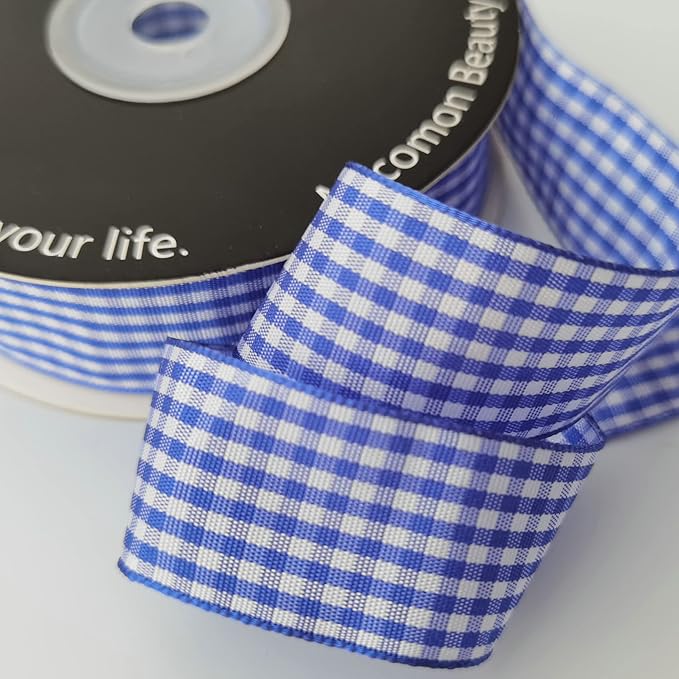 Blue and White Gingham Ribbon Plaid Ribbon 25 Yards Each Roll 100% Polyester (1", Blue)