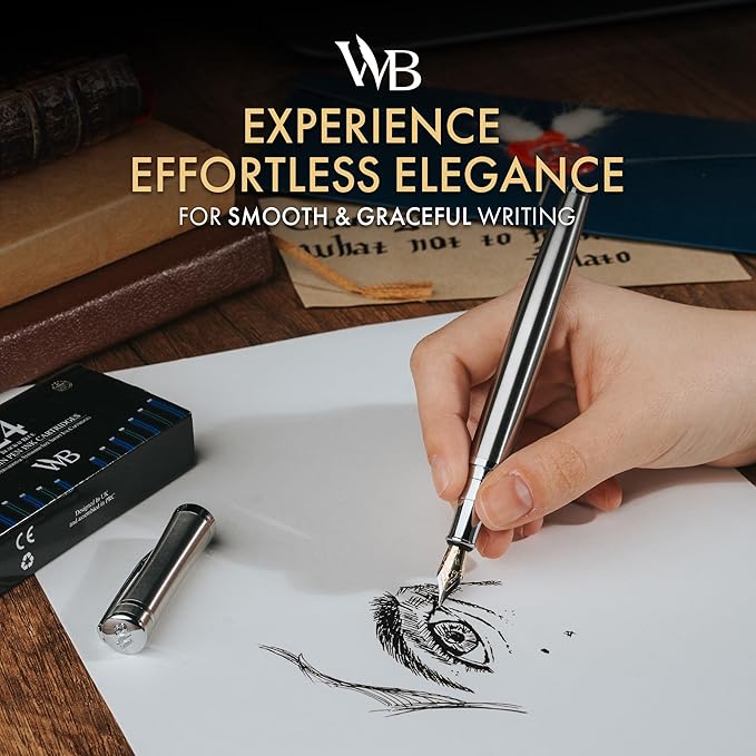 Wordsworth & Black Fountain Pen Set, 18K Gilded Extra Fine Nib, Includes 6 Pack Ink Cartridges, Ink Refill Converter & Gift Box, Chrome Finish, Calligraphy, [Silver Chrome], Perfect for Men & Women