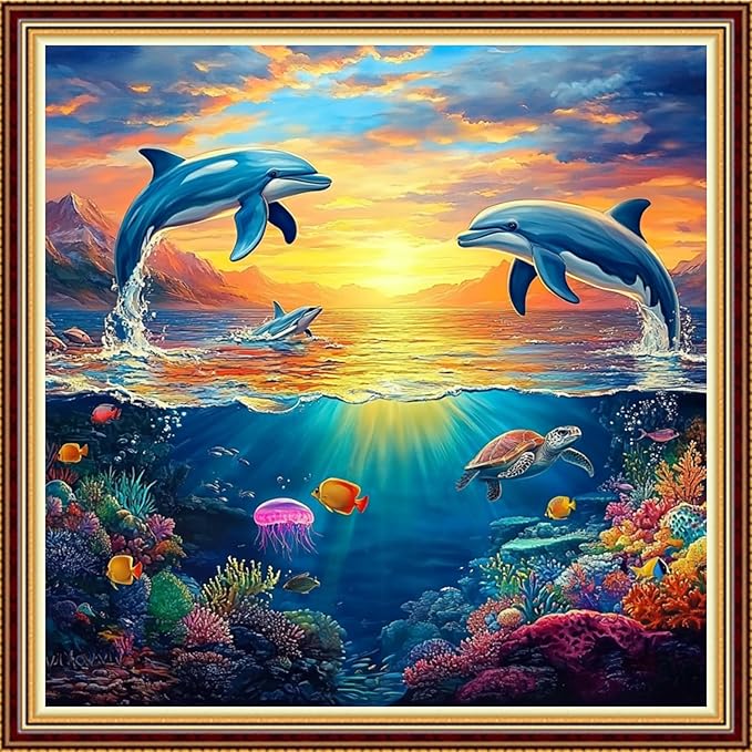 Hopeart Stamped Cross Stitch Kits for Beginner Embroidery Kits for Beginners Adults DIY 11CT Cross Stitch Patterns Needlepoint Kits Crossstitching Kits-Sunrise Dolphin 18x18 inch
