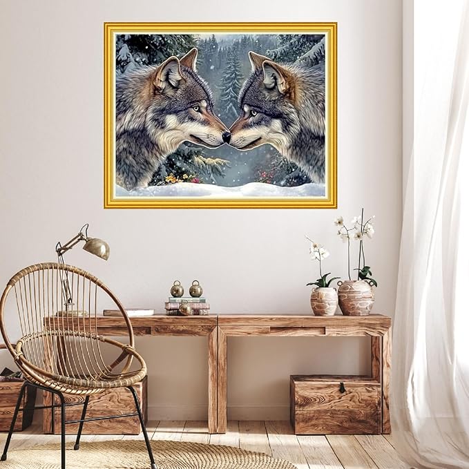 Hopeart Stamped Cross Stitch Kits for Beginner Embroidery Kits for Beginners Adults DIY 11CT Cross Stitch Patterns Needlepoint Kits Crossstitching Kits-Couple Wolf 16x20 inch