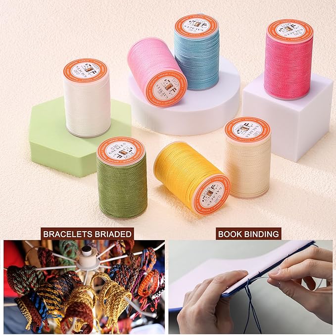 uxcell Round Leather Sewing Waxed Thread, 55m / 60 Yards Polyester Wax String, 0.80mm Wax Stitching Cord for Leather Crafts, Bookbinding, Bracelets Braided, Beige, 2pcs