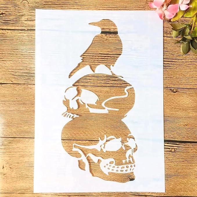 TIAMECH A4 Reusable Halloween Crow Skull Stencil for Painting - Horror Ghost Atmosphere Layering Template, DIY Wall Art, Wood Furniture, Scrapbook & Crafts (8.3x11.7inch)