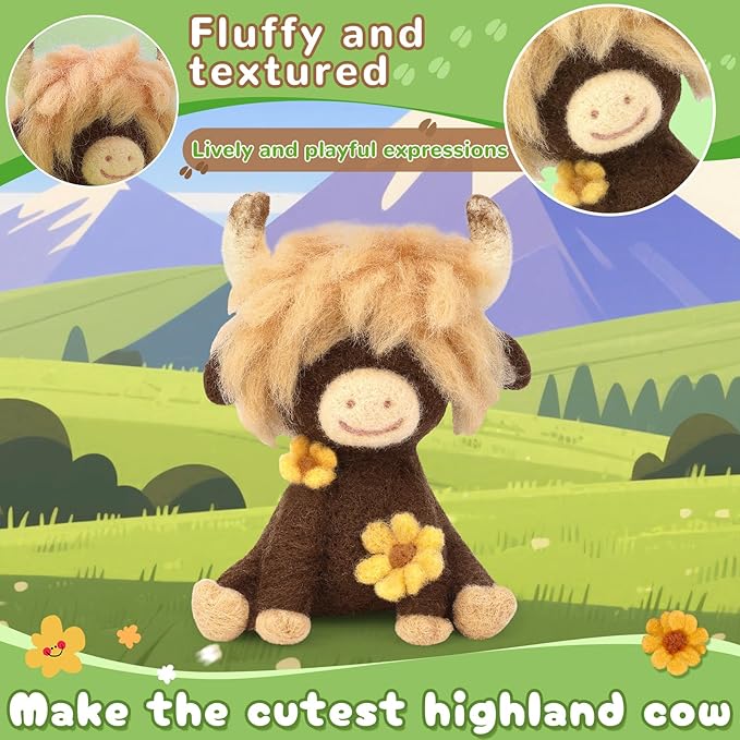 Yizzvb Needle Felting Kit, Highland Cow Needle Felt Beginner Kits with Instruction, Wool, Felting Needles, Felting Pad, Wool Felting Kit for Beginners Home Decoration