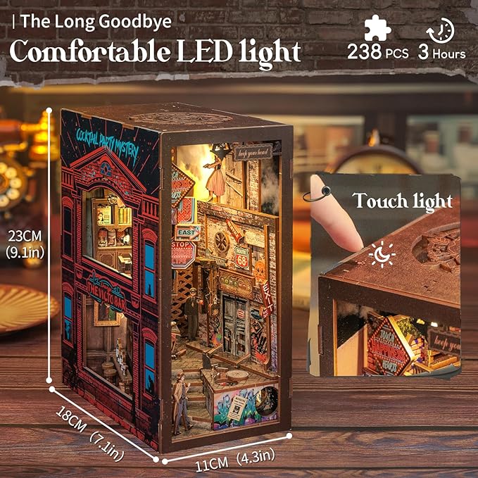 Cutefun Book Nook Kit - DIY Miniature Dollhouse Kit for Adults and Teens, Bookend Mini House Building Kit with LED, 3D Wooden Puzzle for Beginner Creative Gifts (The Long Goodbye)