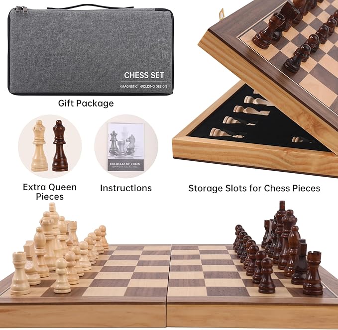 Wooden Chess Set with Folding Board - 15" Classic Magnetic Chess Set with Protective Bag for Adults, Chess Lovers Tournament Professional Beginner