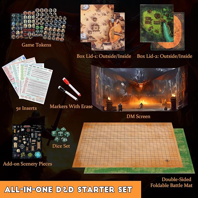 CZYY Foldable Battle Mat with DM Screen, Game Tokens, Dice Set, Markers - 2-Sided Wet & Dry Erase Terrain, Ultimate DND Starter Set, Accessories, Gift for Dungeon Master & Player