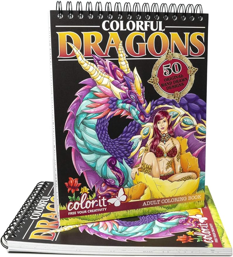 ColorIt Colorful Dragons Adult Coloring Book, Volume I - 50 Single-Sided Designs, Thick Smooth Paper, Lay Flat Hardback Covers, Spiral Bound, Dragon Coloring Pages