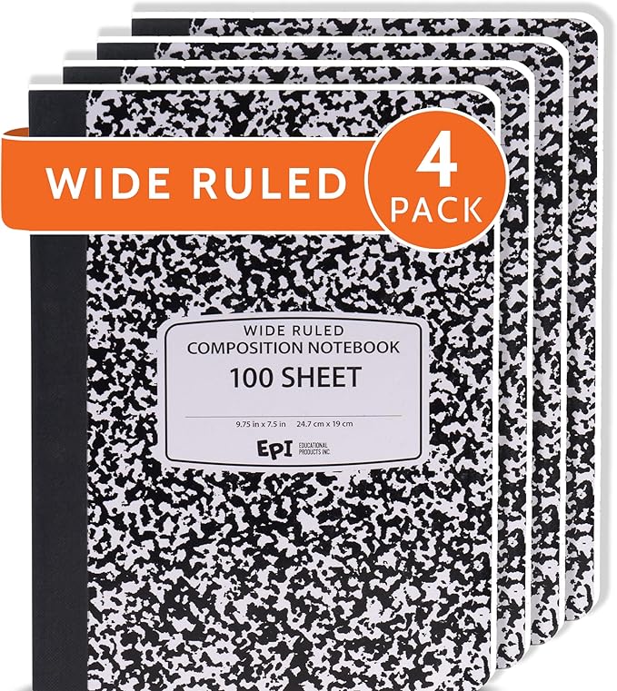EPI Marble Hardcover Wide Ruled Composition Notebook | 200 Pages (100 Sheets), 9.75 x 7.5 in, Sturdy Sewn Binding | School, Office, Journaling, Notes - 4 Pack