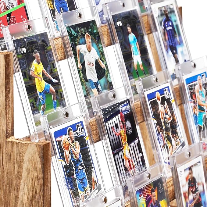 Emfogo Card Display Stand, 4-Tier Trading Card Display, Wooden Graded Baseball Sports Card Display, Trading Card Display Case for Card Collection & Show (Brown)