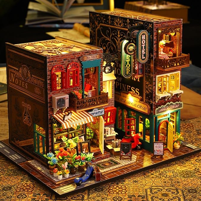 DIY Book Nook Kit - DIY Miniature Dolls House Kit with Furniture and LED Light, 3D Puzzle Wooden Art Bookends, Model Kits for Adults to Build (SCARBROUGH)