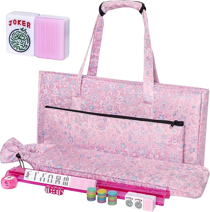 American Mahjong Game Set, 166 Pink Tiles, Pink Bag and Entire Accessories, 4 All-in-One Rack/Pushers, Mahjong Tiles Set