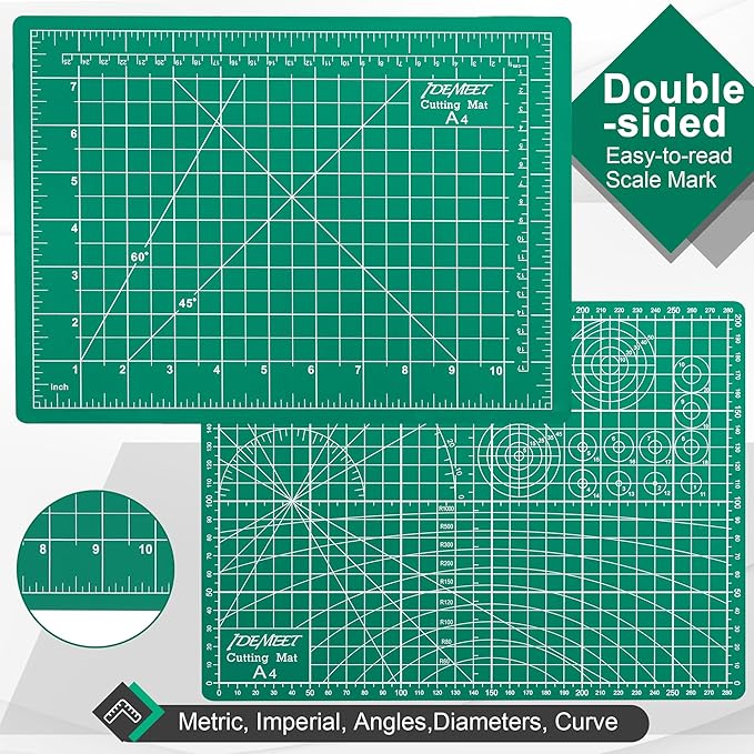 Density-upgraded 9"x12" Self Healing Cutting Mat, Idemeet Rotary Sewing Mat for Crafts, 5-Ply Blade Table Protector Cut Board for Fabric Leather Cutting Quilting Modeling Hobby Project, A4, Green