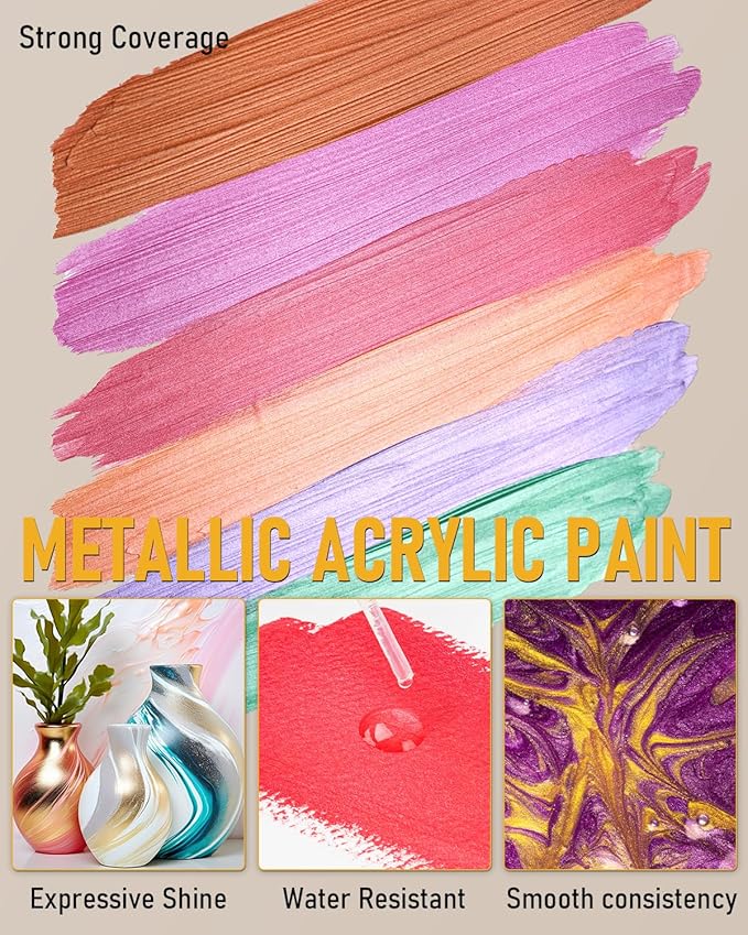 Nicpro Metallic Acrylic Paint Set (16.9 oz, 500 ml), 14 Colors Large Acrylic Paint Bulk, Non Toxic Art Painting Supplies for Multi Surface Canvas Rock Wood Leather Stone Metal Craft with Color Wheel