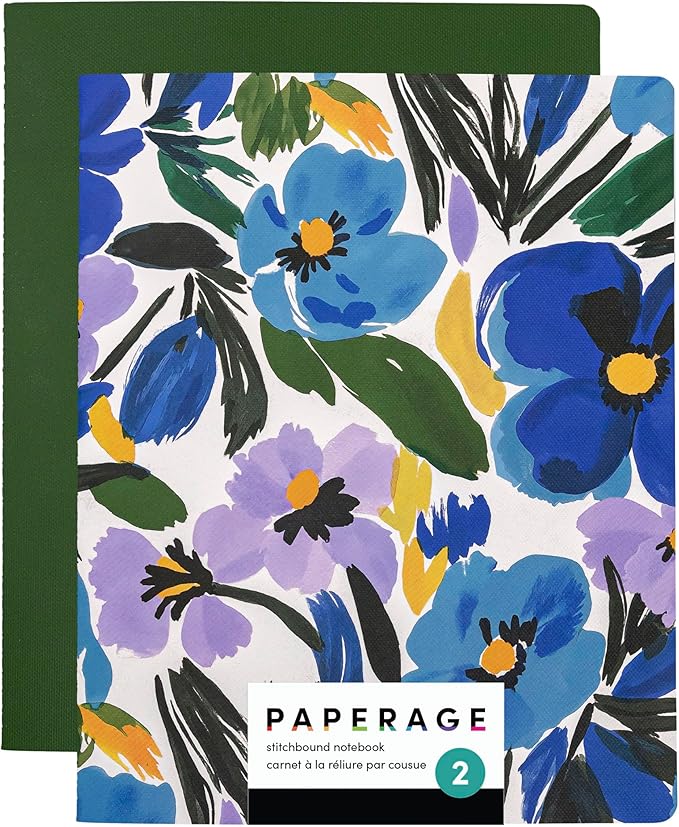 PAPERAGE Soft Cover Lined Journal Notebook, 2 Pack, (Blue Pansies), 100 Pages, Large 7.5 inches x 9.5 inches, College Ruled, Ideal for Note Taking & Travel Journal