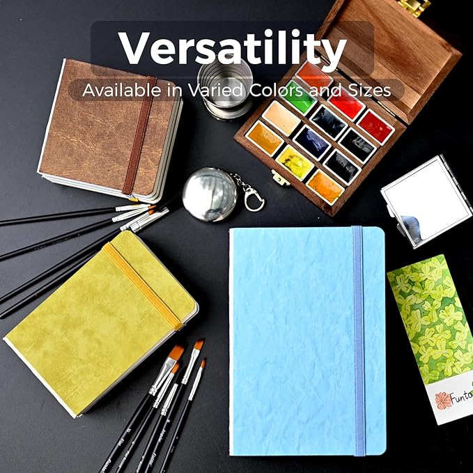 Funto Watercolor Journal 2-Pack, 3.9x3.9, 44 Pages Each,Cold-Pressed 100% Cotton, Pearlescent PU Leather Brown Hard Cover, Art Supplies for Watercolor