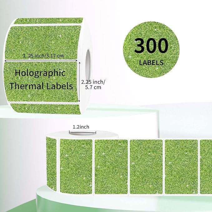 2.25"x1.25" Holographic Thermal Labels Stickers, Glitter Direct Thermal Printer Labels, Waterproof Self-Adhesive Address Shipping Label Stickers, 300 Sheet/ 1 Roll, Holographic Shiny Green