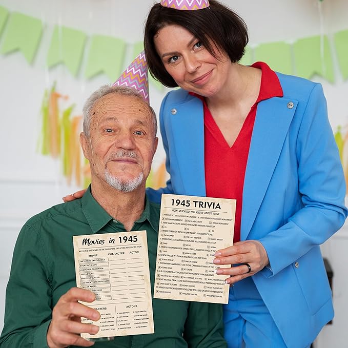 80th Birthday Party Games, Set of 3 Activities for 10 Guests, Born in 1945 Games Bundle, Birthday Party Supplies for Adults, Pack of 30 Cards