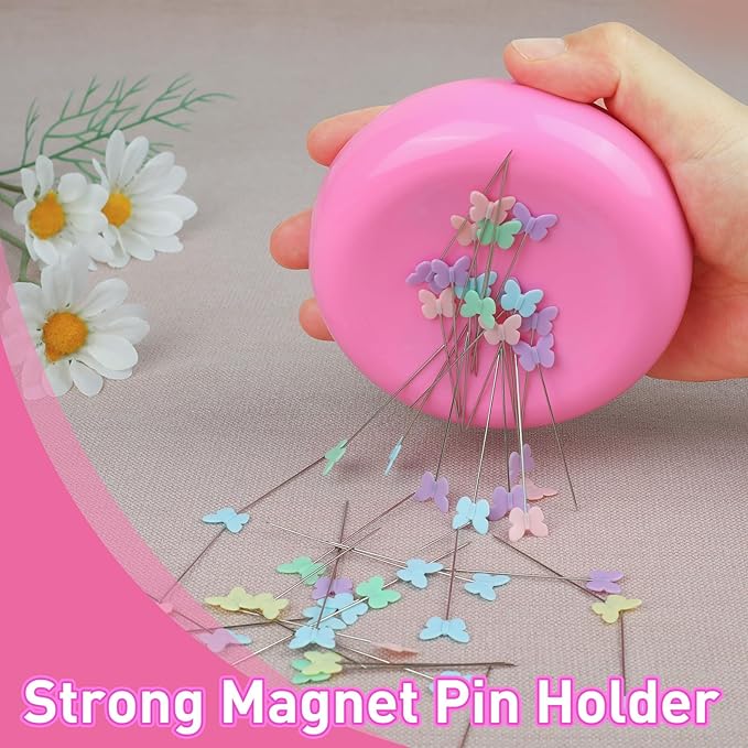 Oukitoymer Magnetic Pin Cushion with 100pcs Butterfly Head Straight Pins, Bobby Pin Holder for Sewing, Magnet Needle Cushion, Paper Clip Collector, Secure Pin Storager, Sewing & Quilting Accessories