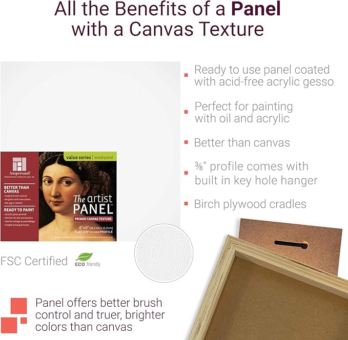 Ampersand Art Supply Wood Gesso Art Painting Panel: Canvas Texture, 3/8 Inch Depth, 6" x 6"