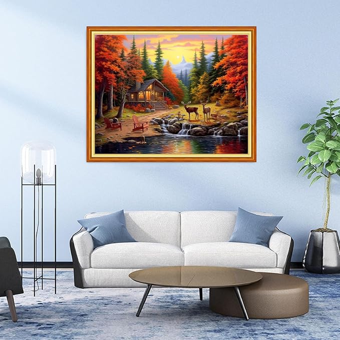DMCVIVR Stamped Cross Stitch Kits for Adults Beginners Embroidery Kits 11CT Needlepoint Kits Cross Stitch Patterns Embroidery Patterns&Deep Autumn Scenery 16x20 inch
