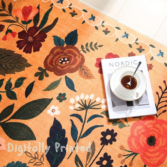 Rugcomf Round Rug 6ft Washable Circle Rug Non Slip Low Pile Boho Floral Small Circular Rug for Bedroom, Bathroom, Entryway, Kids Room, Office, College Dorm(Yellow)