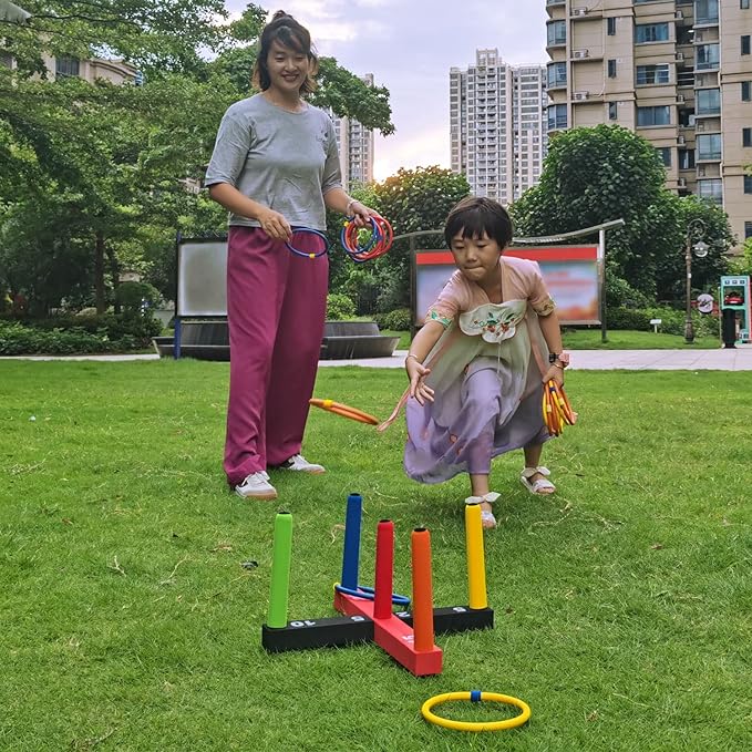 Ring Toss Game for Kids, Indoor & Outdoor Game for Family and Adults with 5 Poles, 2 Bases and 16 Rings in 4 Colors, Soft Foam Toy for Kids Backyard Ring Toss Fun