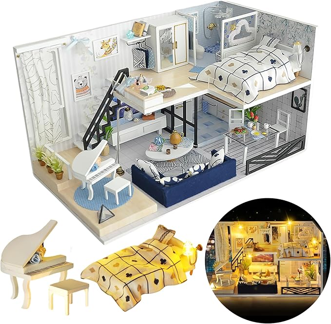 DIY Miniature House Kit, DIY Home Kit for Adults to Build, Modern Dollhouse Kit with Dust Proof & LED, Mayberry Street Miniatures, Ideal Gifts for Birthday,Valentine Christmas(Satisfied Apartment)