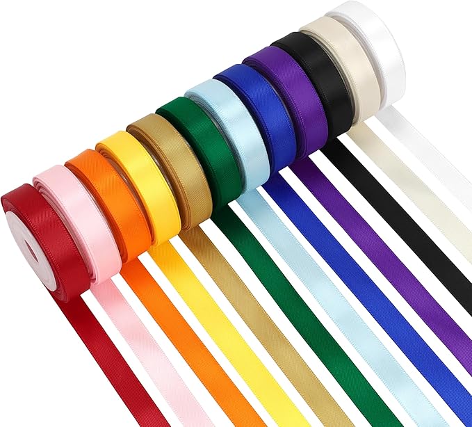 Double-Faced Rainbow Satin Ribbon Set – 12 Colors, 3/8 Inch x 5 Yards Rolls, 60 Yards Total Colorful Ribbons for Gift Wrapping, Hair Bows, Wedding & Party Decorations, DIY Crafts