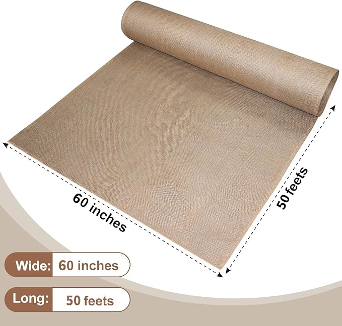 Garden Burlap Roll, 60" x 50 Feet Natural Jute Burlap Fabric Roll for Gardening Raised Bed Liners,Seed Cover,Edging,Weed Barrier,Aisle Runner Plant Cover Tree Protections (60" x 50 Feet)