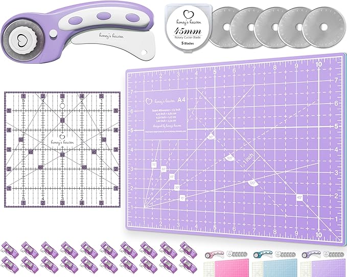 Honey's Heaven Rotary Cutter Set - 45mm Fabric Cutter, 5 Replacement Blades, A4 Cutting Mat, Acrylic Ruler and Craft Clips - Ideal for Crafting, Sewing, Patchworking, Crochet & Knitting