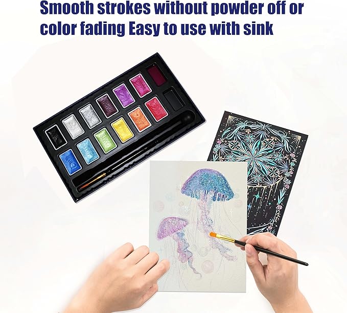 Shimmer Watercolor Paint Set, 12 Colors Glitter Metallic Watercolour Painting Sets, Solid Pearl Water Color Paints for Artists, Amateur Hobbyists and Painting (12 Colors)
