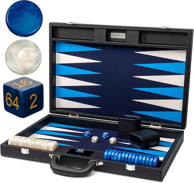 19 Inch Premium Backgammon Sets for Adults Leather Black - Blue. Premium 1.6 Inch Checkers & Dice Set, Travel Backgammon Set, Large, Backgammon Board Game, Backgammon Game Set