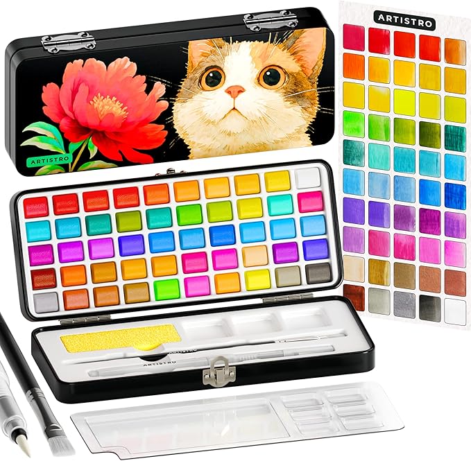 ARTISTRO 50 Watercolor Paint Set, Vivid Colors in Portable Box, Palette set. Perfect Travel Watercolor Set for Artists, Amateur Hobbyists and Painting