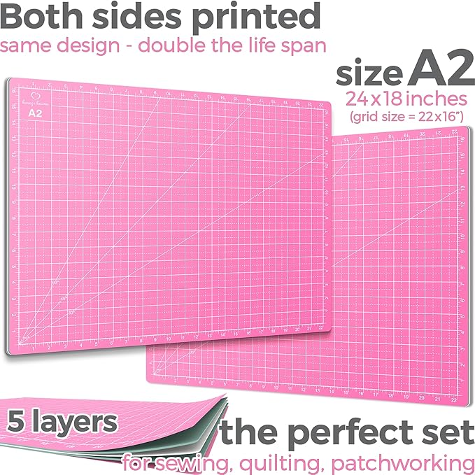 Rotary Cutter Set pink - Quilting Kit incl. 45mm Rotary Cutter, 5 Replacement Blades, A2 Cutting Mat, Acrylic Ruler and Craft Clips - Ideal for Crafting, Sewing, Patchworking, Crochet & Knitting