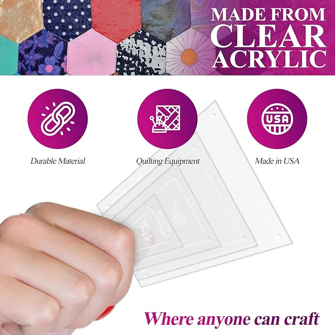 Quilting Acrylic Template Set | Precision Tools for Quilting Enthusiasts | Tumbler Blocks Design | Includes Sizes 4", 3", 2", 1" | 1/8 Clear Acrylic | 1/4" Seam Allowance for Accuracy